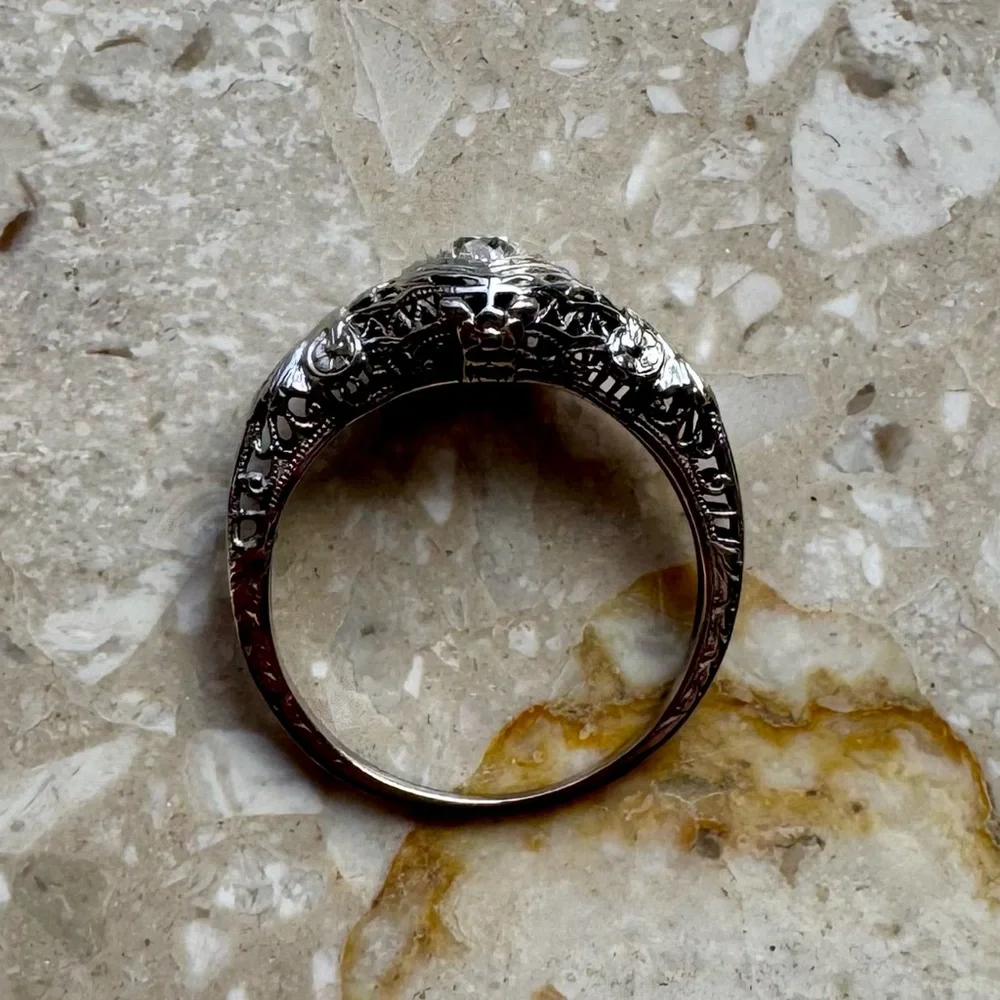 Antique Filigree 14k White Gold Old Mine Cut Diamond Engagement Ring - Picture 16 of 16